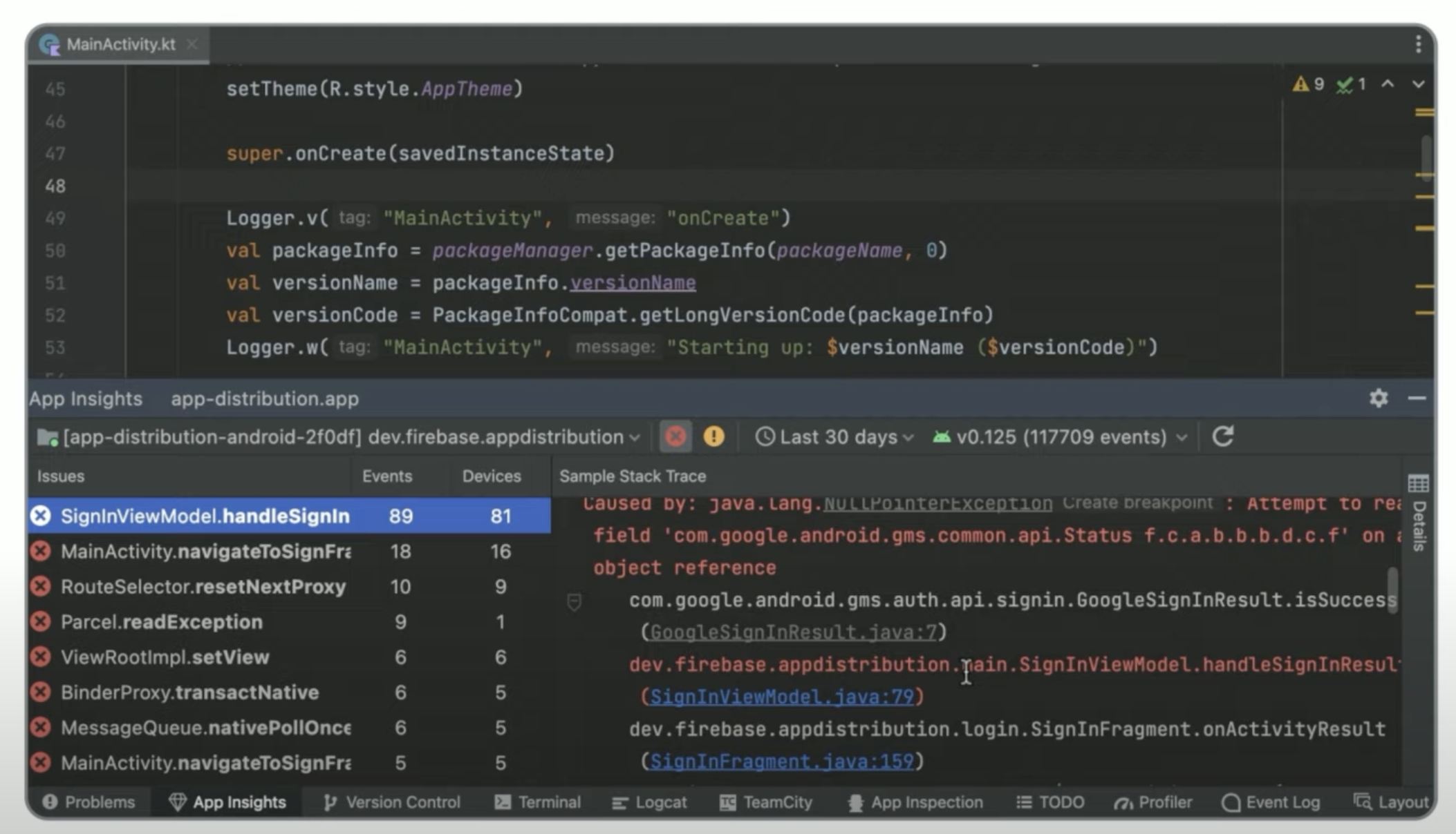 Les remontés de bug Crashlytics dans Android Studio